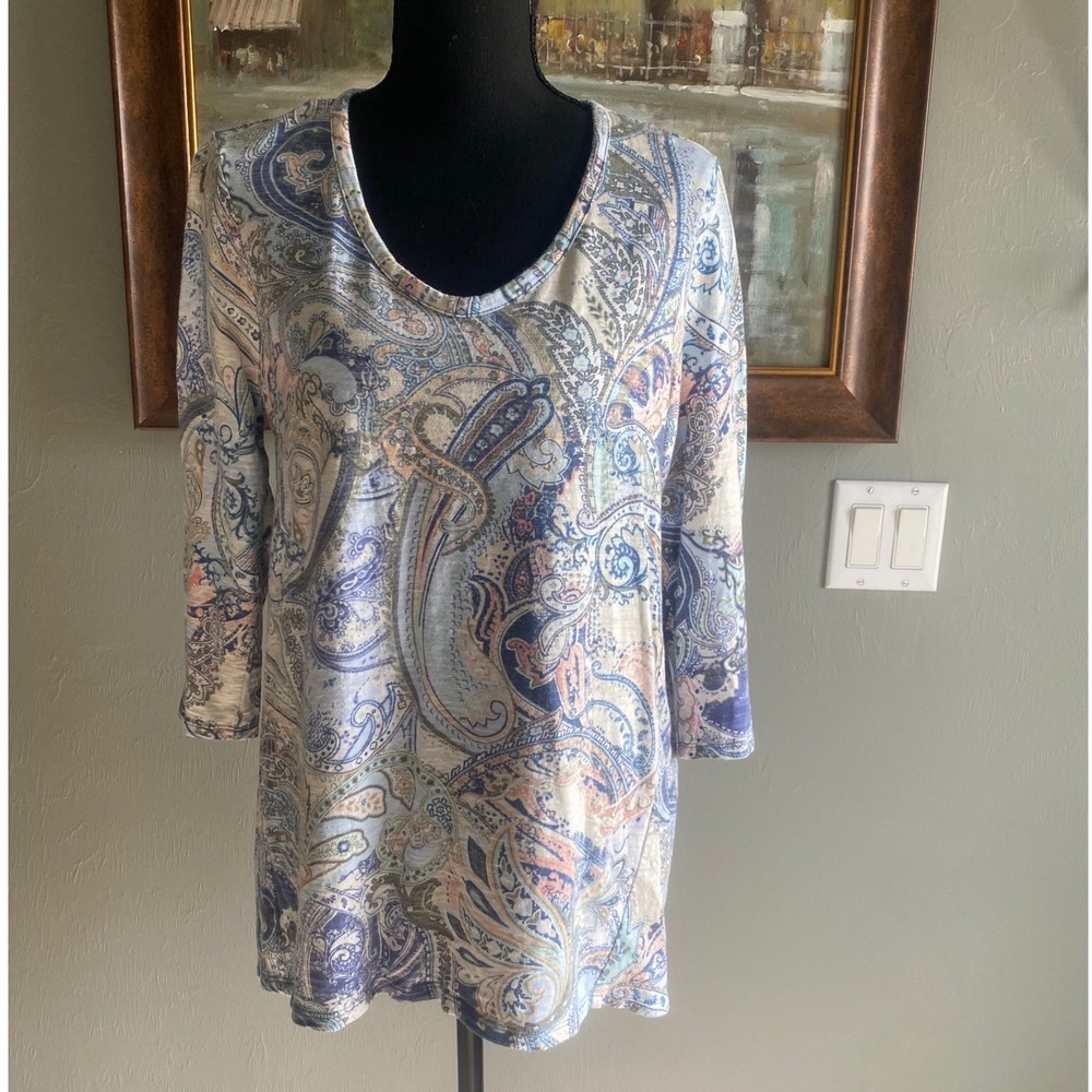 Chicos Paisley Print 3/4 Sleeve Tunic Top Blue Peach Size 1 M Boho Scoop Neck